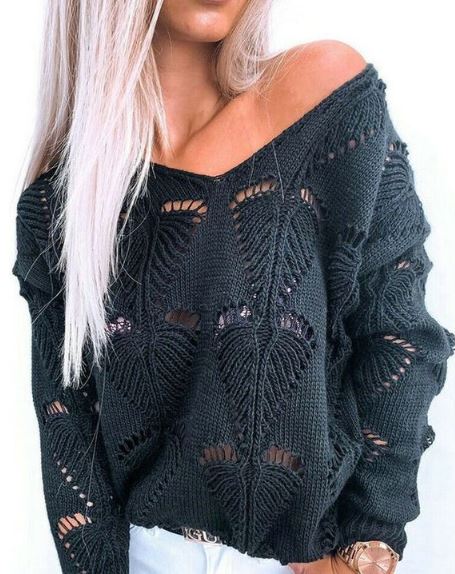 Модный пуловер с V-образным вырезом и узором листья